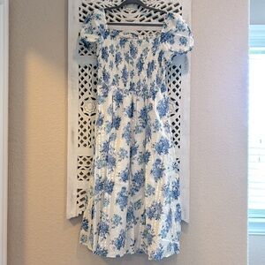 LOFT Blue and White Floral Cotton Smocked Midi Dress
